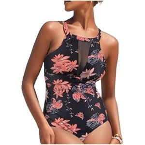 I2 Crazy One Piece Swimsuit Plunging Mesh V-Neck Tummy Control Size XL